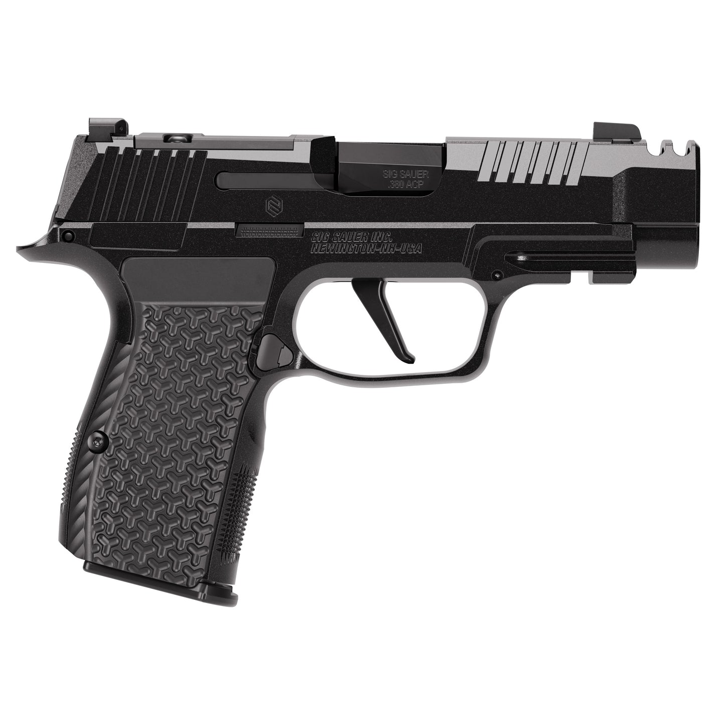 Black handgun on a white background