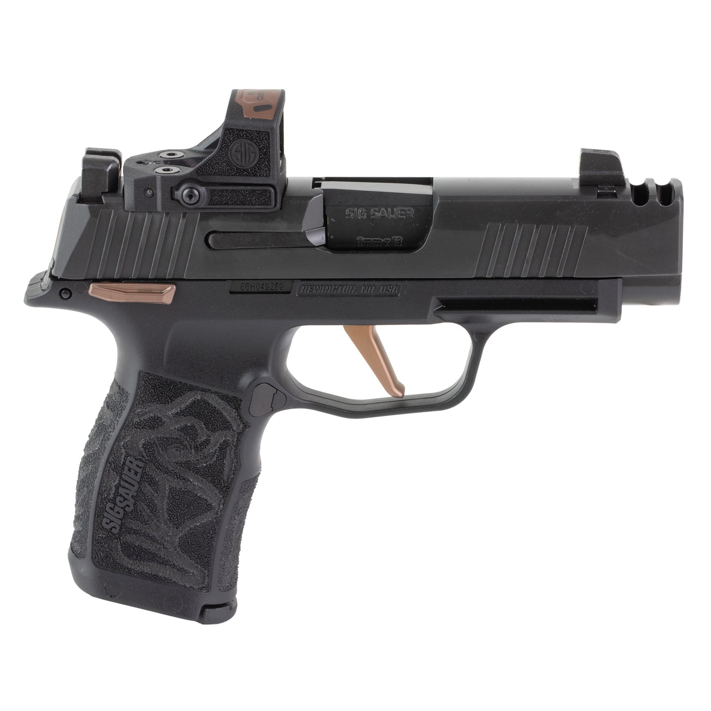 Black handgun with visible branding on a white background