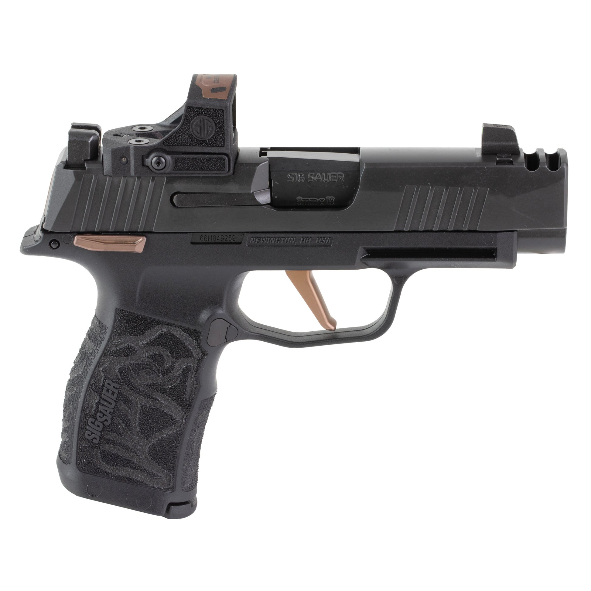 Black handgun with visible branding on a white background