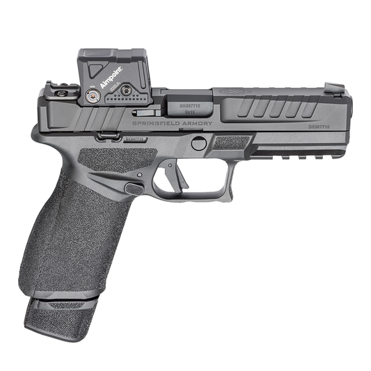 Black handgun with a visible brand logo on a white background