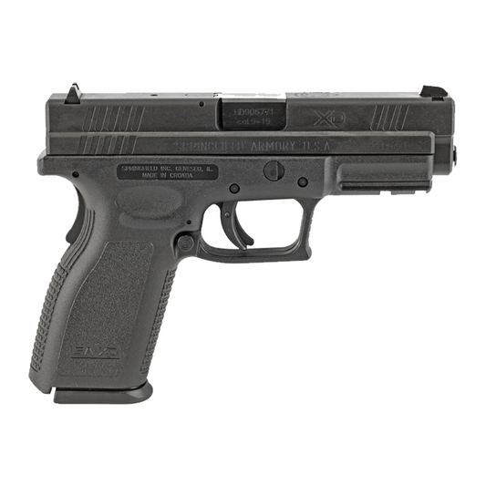 Black handgun on a white background