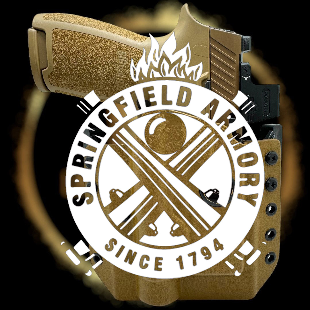 Springfield Armory logo on a gun with a dark background