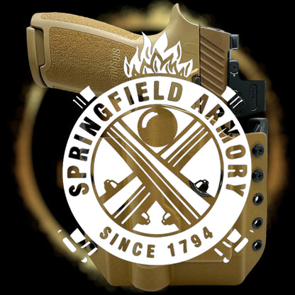 Springfield Armory logo on a gun with a dark background