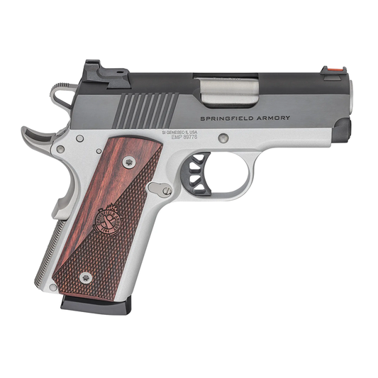 Springfield Armory handgun with wooden grip on a white background
