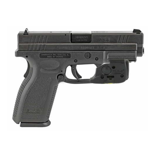 Black handgun on a white background