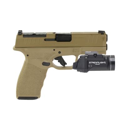 Tan handgun with Streamlight flashlight attachment on a white background