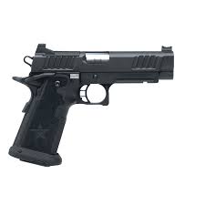 Black handgun on a white background