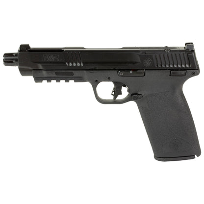 SMITH & WESSON 5.7 BLACK FIREARM ON WHITE BACKGROUND.