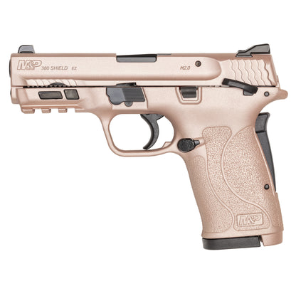 SMITH AND WESSON EZ 380 SHIELD IN ROSE GOLD ON WHITE BACKGROUND.