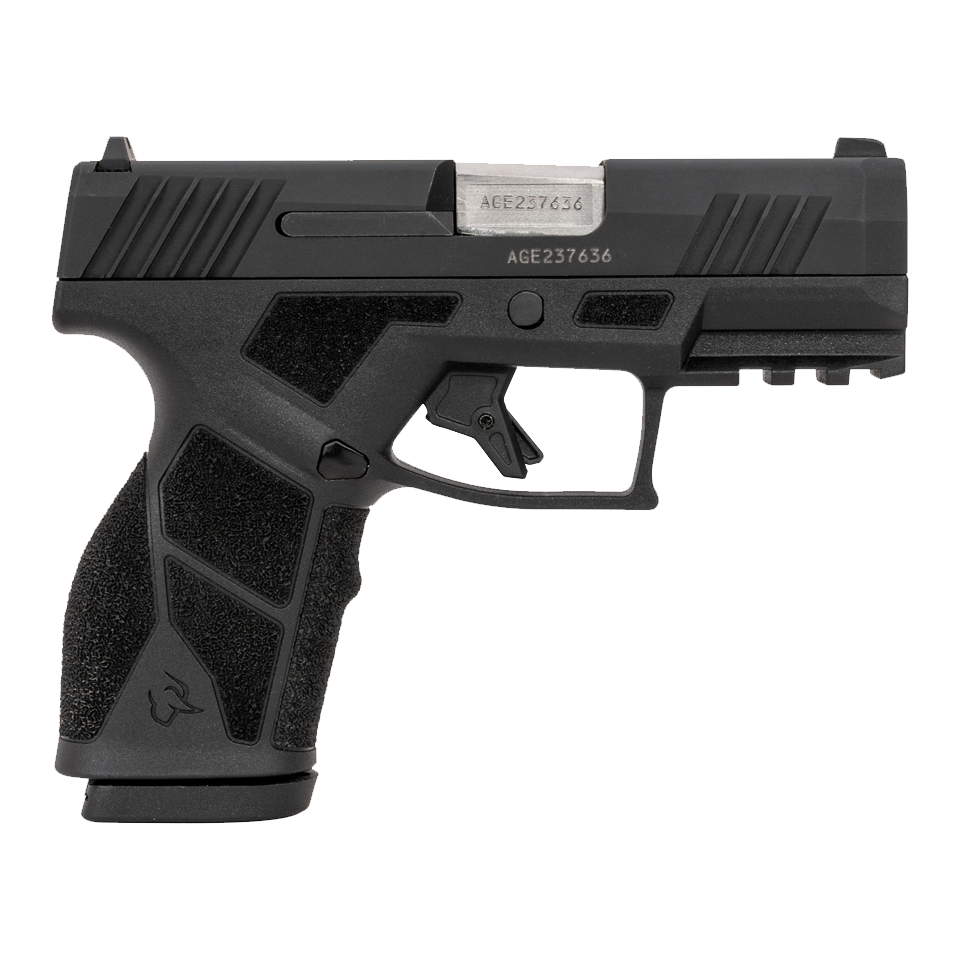 Black handgun on a white background