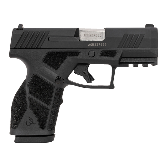 Black handgun on a white background