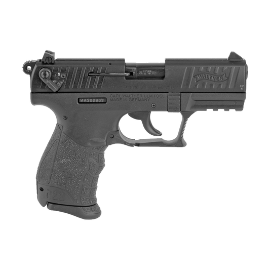 Black handgun on a white background
