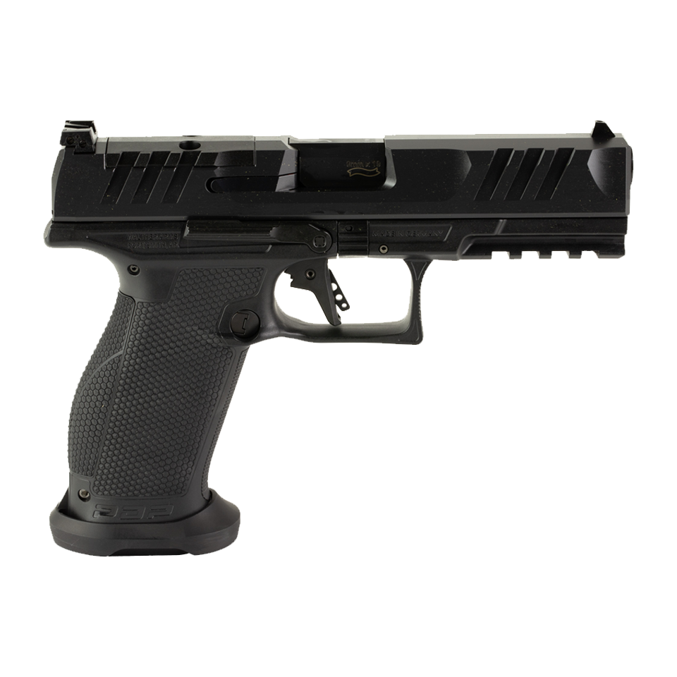 Black handgun on a white background