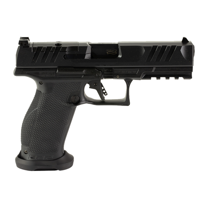 Black handgun on a white background