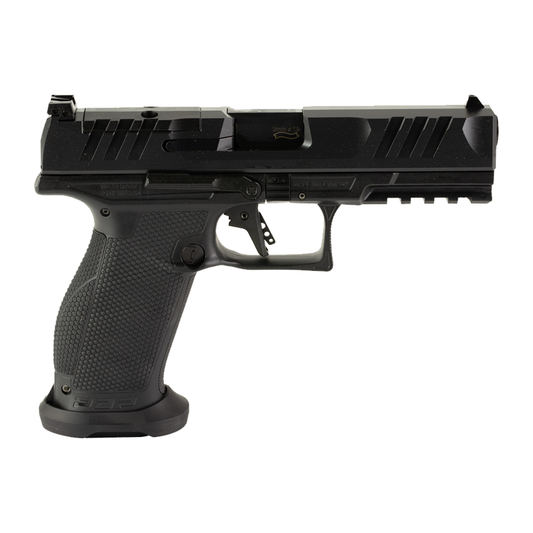 Black handgun on a white background