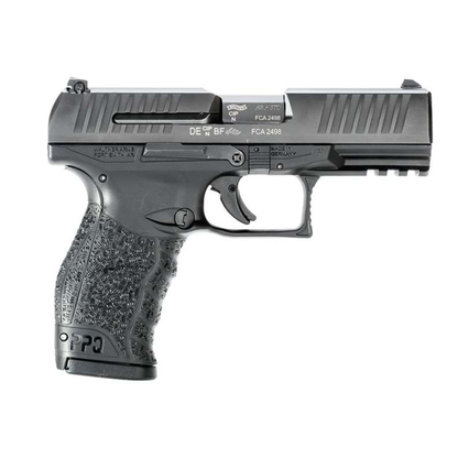 Black handgun on a white background