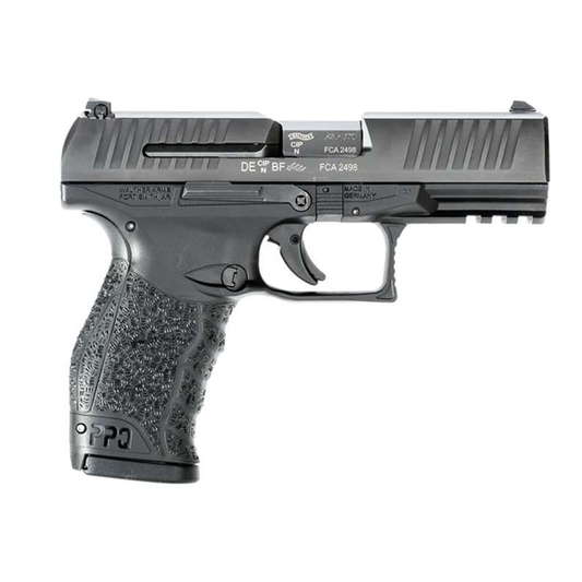 Black handgun on a white background