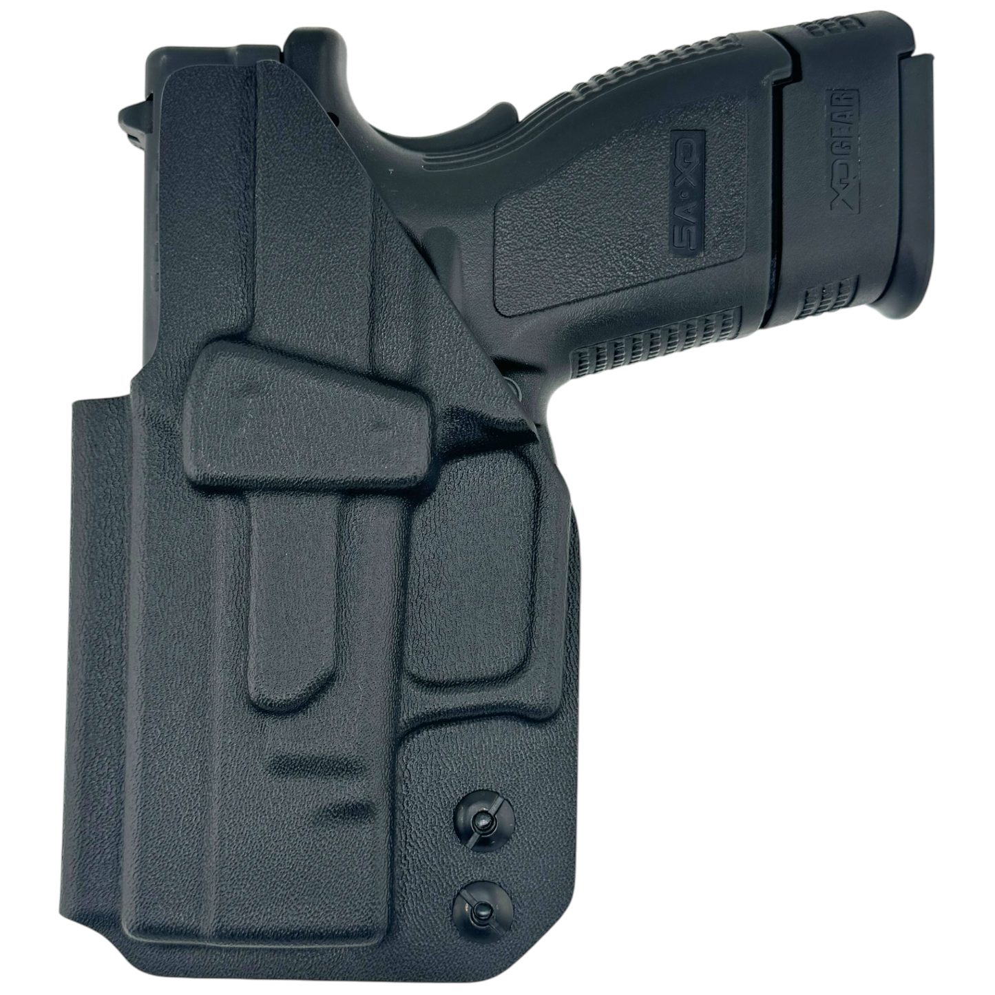 Black gun holster with a gun on a white background