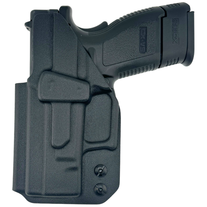 Black gun holster with a gun on a white background