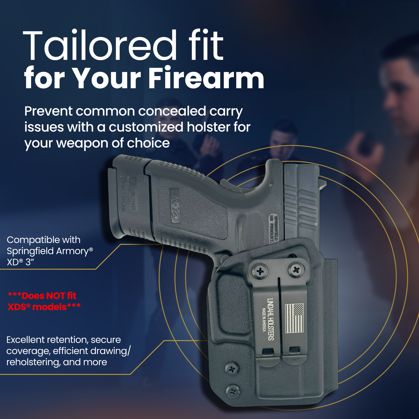 Holster for a firearm with text about customization and compatibility on a dark background