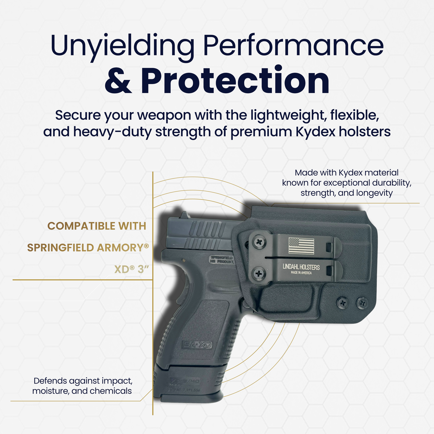 Kydex holster for a firearm with text highlighting features and compatibility on a white background