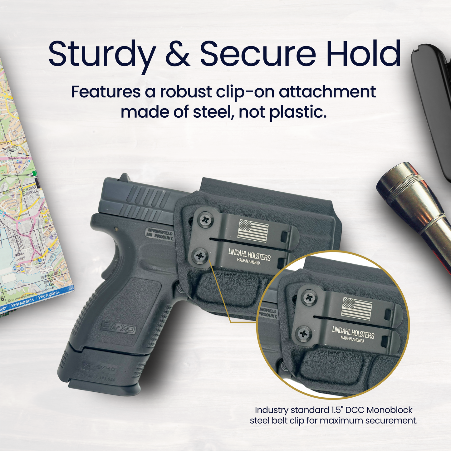 Gun holster with robust clip-on attachment on a white background