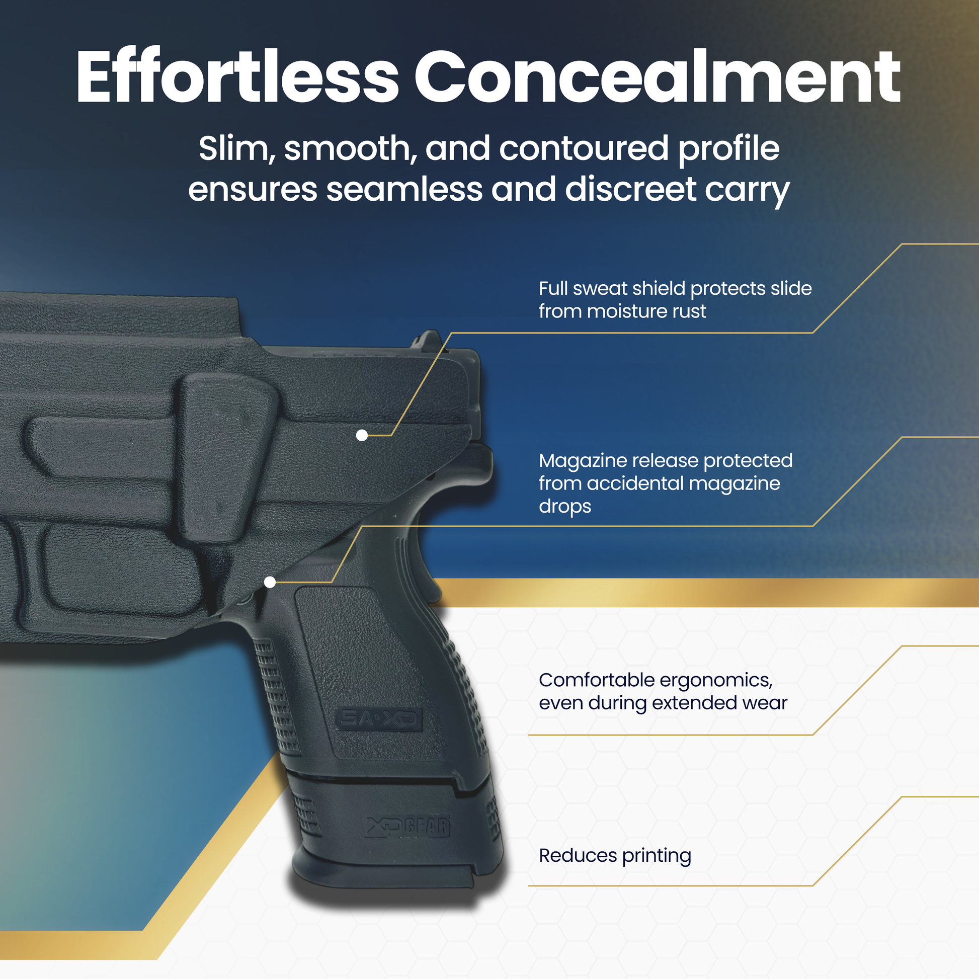 Black gun with features highlighted on a blue and white background