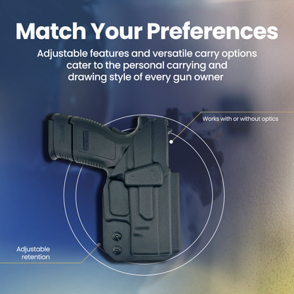 Pistol holster with adjustable features on a gradient blue and gray background