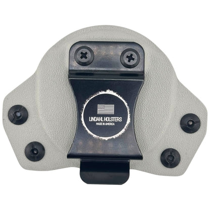 Gray gun holster with black clip and 'Lundahl Holsters' branding on a white background