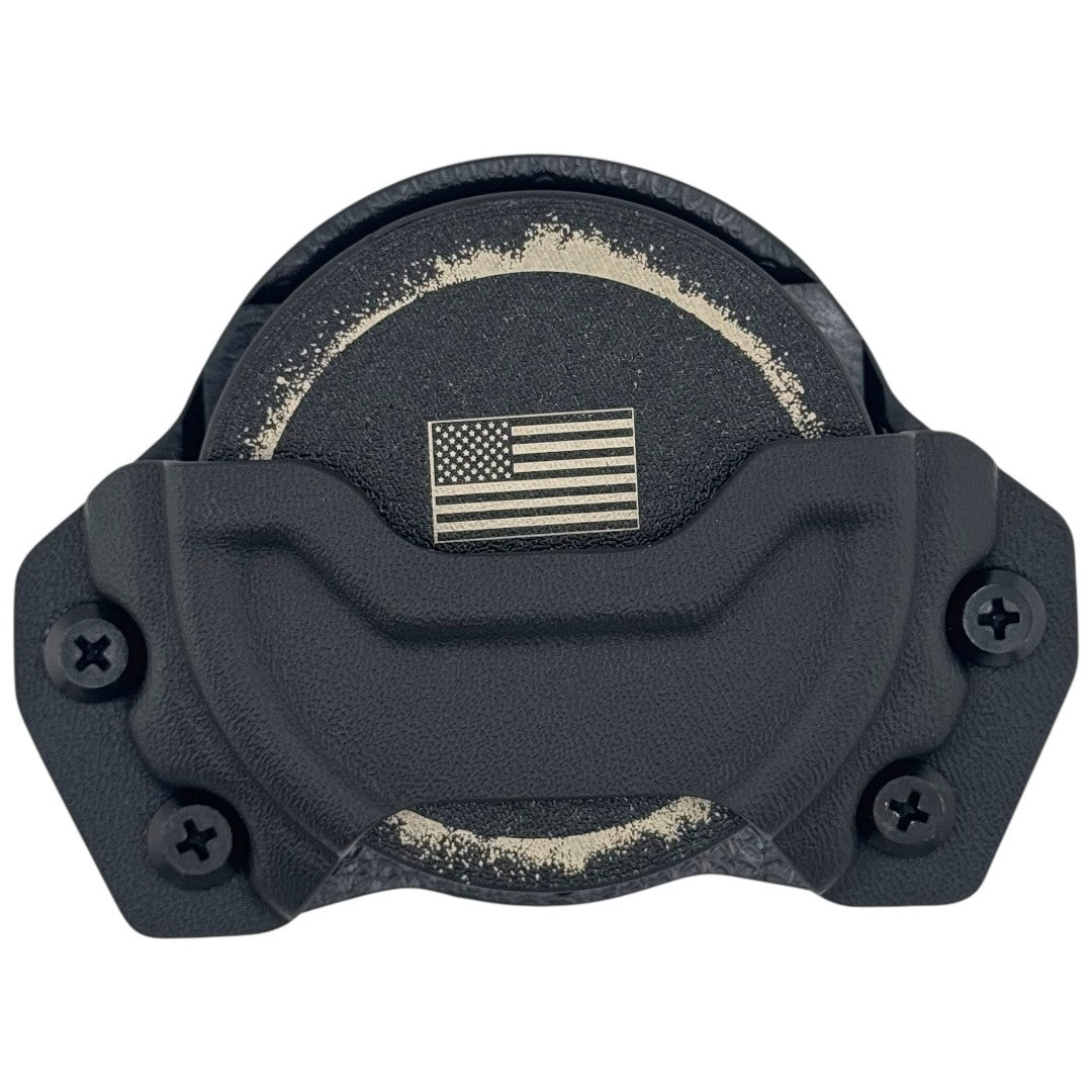 Black tactical knife sheath with American flag patch on a white background